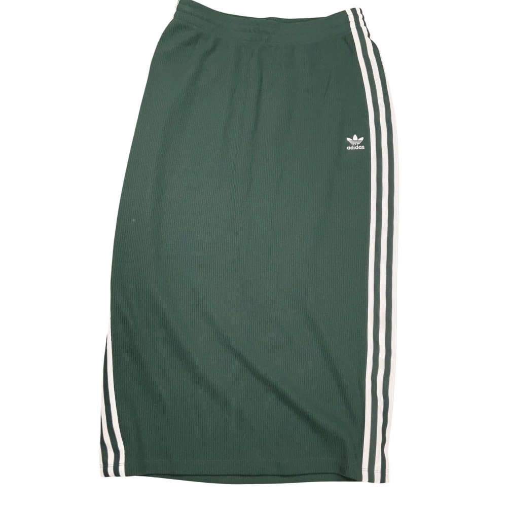 Adidas Midi Skirt Womens Medium Green 3-Stripe Trefoil Ribbed Streetwear Hip Hop